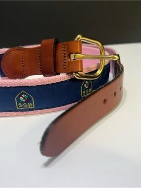 Brown Leather & Pink Ribbon Web Belt with Navy Crest Brass Buckle